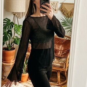 Vintage Y2K Sheer Black Mesh Top - Flare Bell Sleeve - Size S